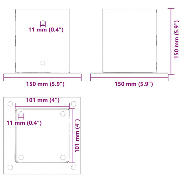 Pylväiden jalustat neliö 12kpl hopea 101x101mm galvanoitu teräs