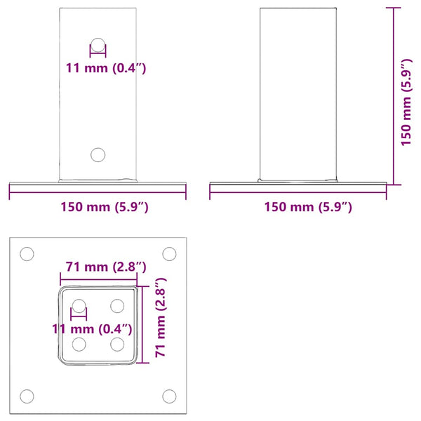 Pylväiden pohjat neliö 12 kpl 71x71 mm jauhemaalattu teräs