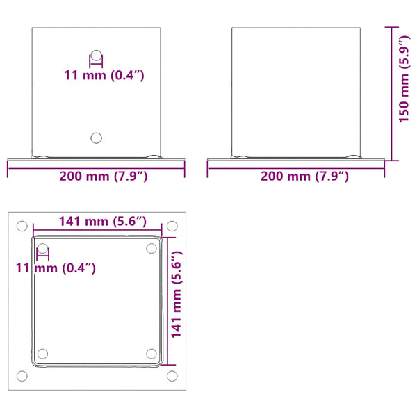 Pylväiden pohjat neliö 12 kpl 141x141 mm jauhemaalattu teräs