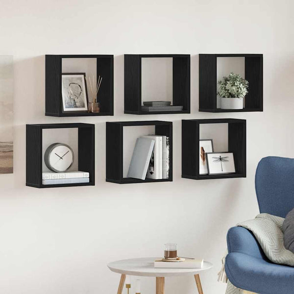 Seinähyllyt kuutio 6 kpl musta tammi 30x15x30 cm tekopuu