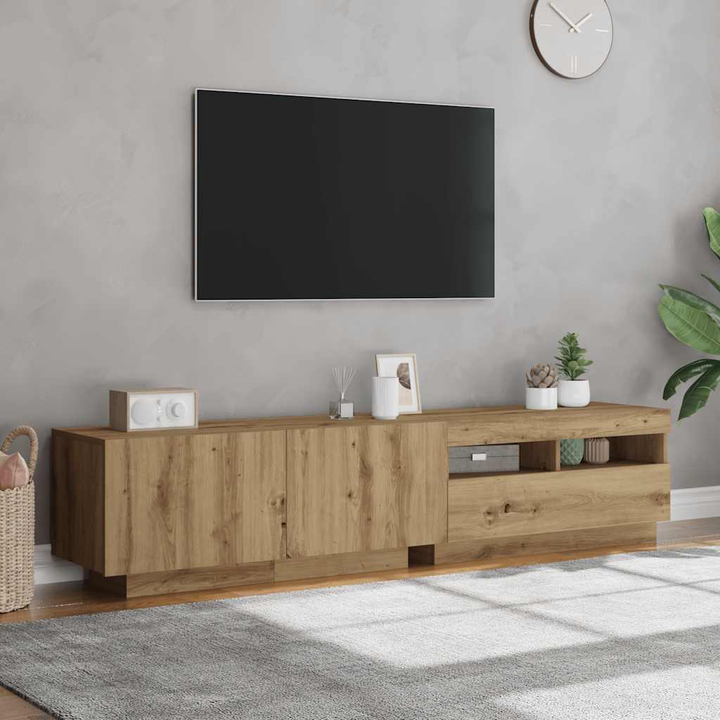 Käsityöläinen tammi tv-kaappi led-valoilla Vernil 180x35x40cm
