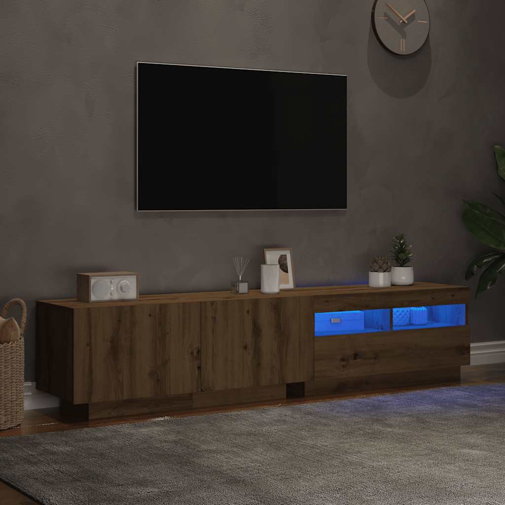 Käsityöläinen tammi tv-kaappi led-valoilla Vernil 180x35x40cm