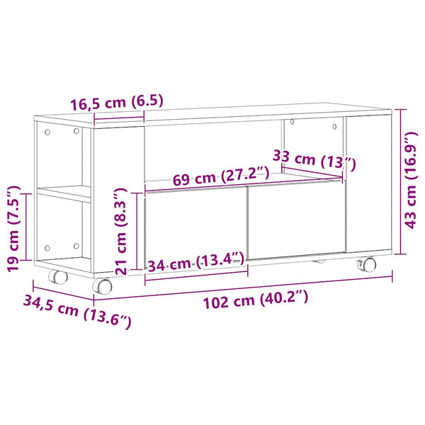 TV-taso pyörillä musta tammi 102x34,5x43 cm tekopuu