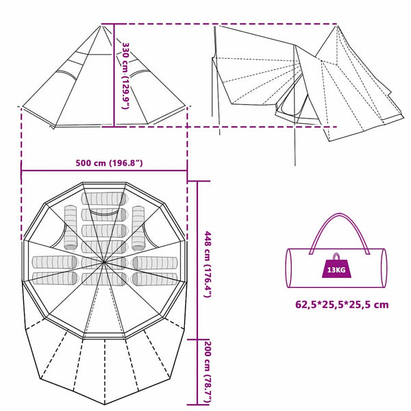 Tipi-teltta katolla Vihreä 510 x 690 x 330 cm taffeta