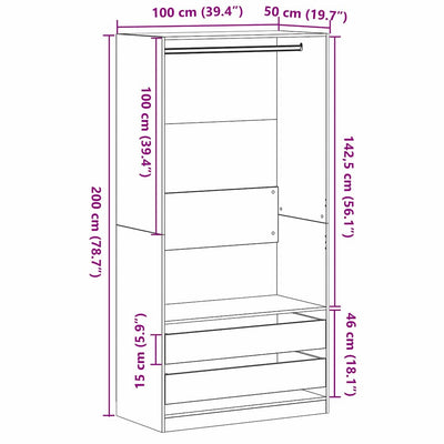 Musta tammi vaatekaappi hyllyllä Cai 100x50x200cm (puinen)