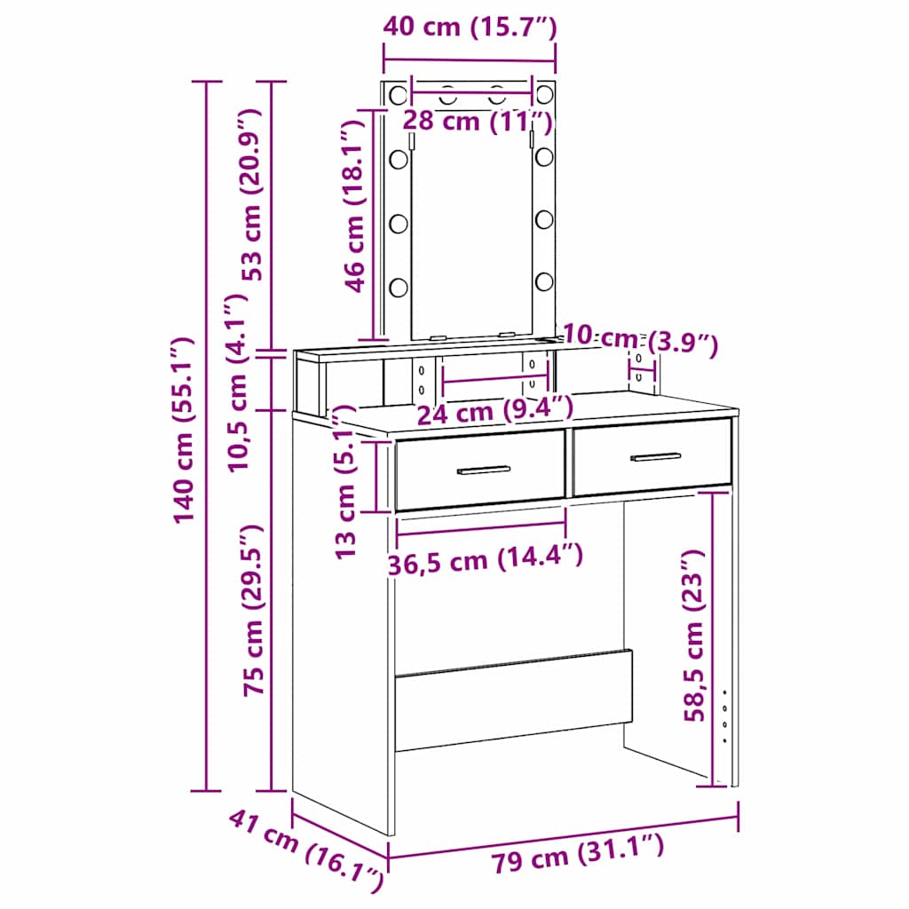 Musta meikkipöytä led -nauhavalot Romilo 79x41x140cm (puinen)