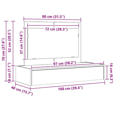 Valkoinen meikkipöytä peilillä Nanette 100x40x70cm (puinen)