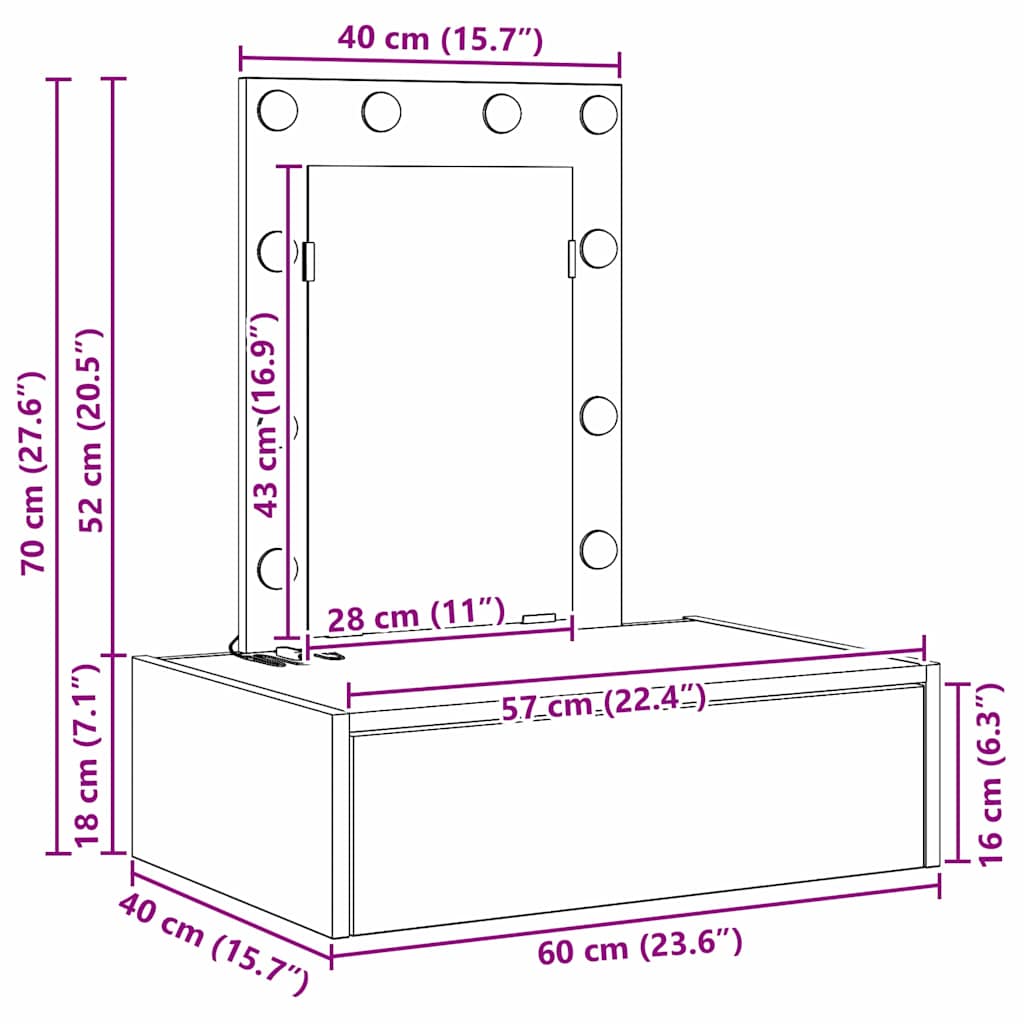 Ruskea meikkipöytä led -nauhavalot Eloira 60x40x70cm (puinen)