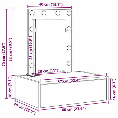 Ruskea meikkipöytä led -nauhavalot Hagit 60x40x70cm (puinen)