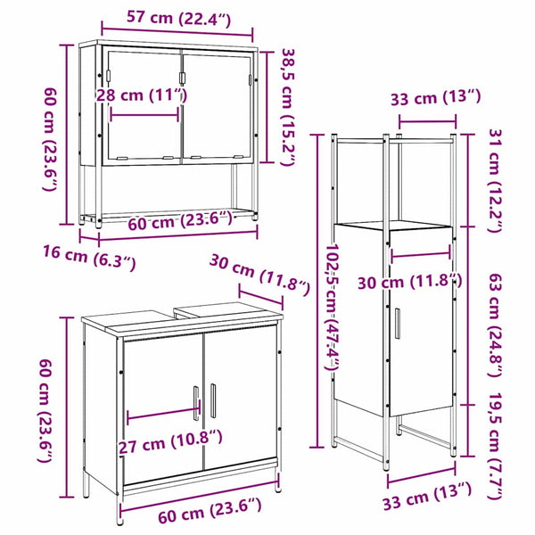 Kylpyhuonekalustesetti 3 kpl Ruskea 33 x 33 x 113,5 cm