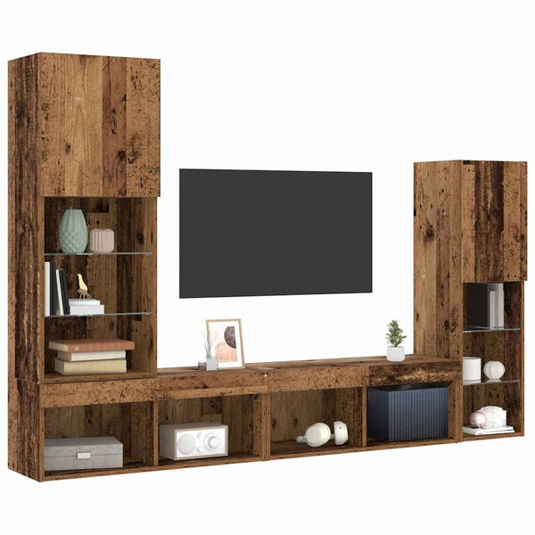 TV-kaappi LED -nauhavalot 4 pcs Vanha puu Tekninen puu