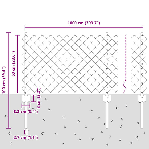 Ketjuaidalla varustettu aita 10 x 0,6 m PVC-pinnoitettu teräs