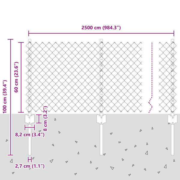 Ketjuaidalla varustettu aita 25 x 0,6 m PVC-pinnoitettu teräs