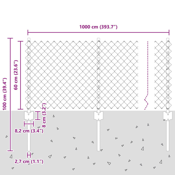 Ketjuaidalla varustettu aita 10 x 0,6 m PVC-pinnoitettu teräs