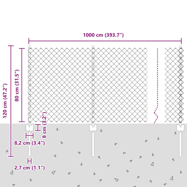 Ketjuaidalla varustettu aita 10 x 0,8 m PVC-pinnoitettu teräs