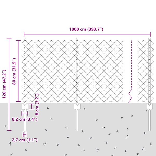 Ketjuaidalla varustettu aita 10 x 0,8 m PVC-pinnoitettu teräs