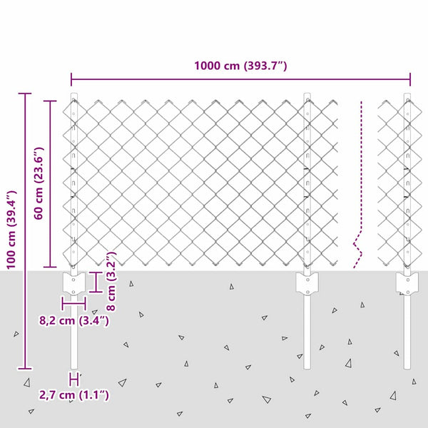 Ketjuaidalla varustettu aita 10 x 0,6 m Galvanoitu teräs Hopea