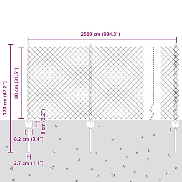 Ketjuaidalla varustettu aita 25 x 0,8 m Galvanoitu teräs Hopea
