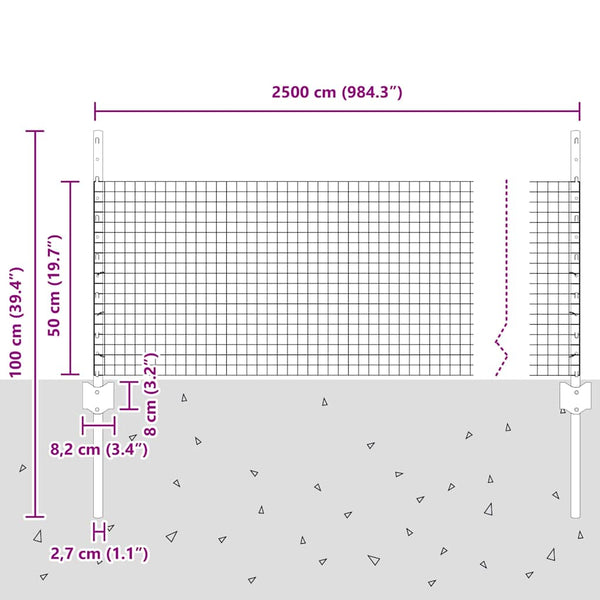 Käytävä suljettu langoitettu aitarakenne 25 x 0,5 m Harmaa