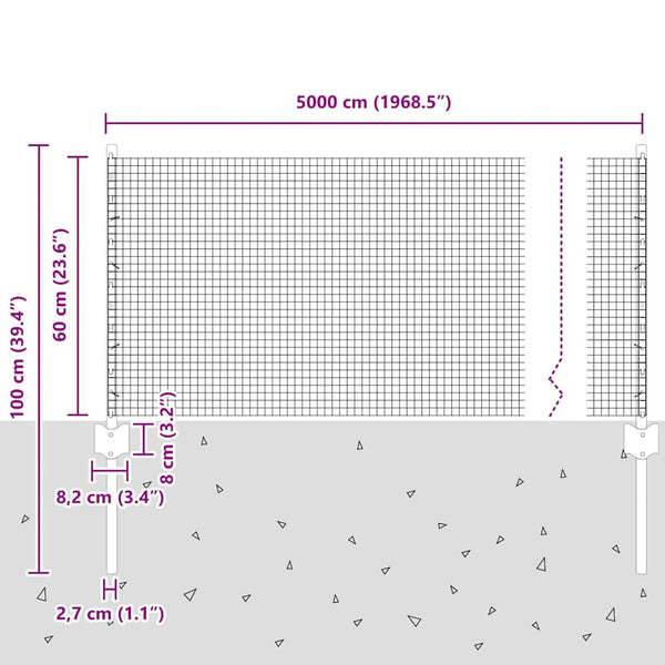 Käytävä suljettu langoitettu aitarakenne 50 x 0,6 m Harmaa