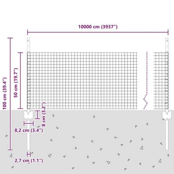 Käytävä suljettu langoitettu aitarakenne 100 x 0,5 m Harmaa