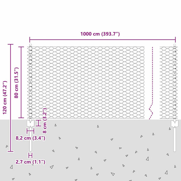 Kuusikulmainen aita pylväällä 10 x 0,8 m PVC-pinnoitettu teräs