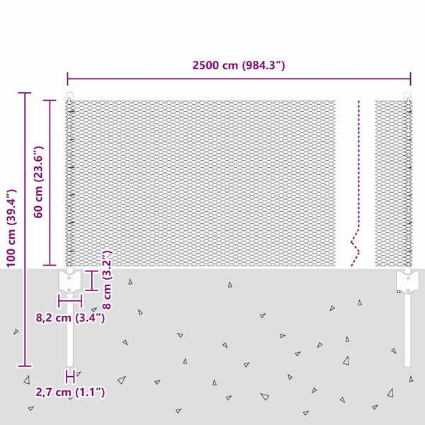 Kuusikulmainen aita pylväällä 25 x 0,6 m PVC-pinnoitettu teräs