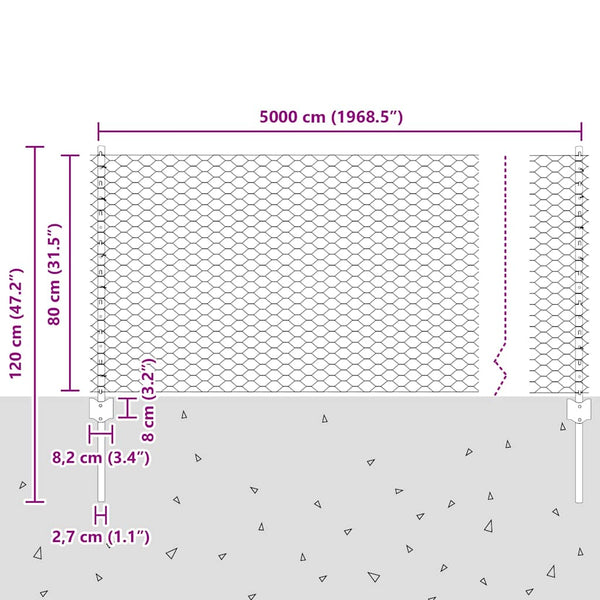 Kuusikulmainen aita pylväällä 50 x 0,8 m PVC-pinnoitettu teräs