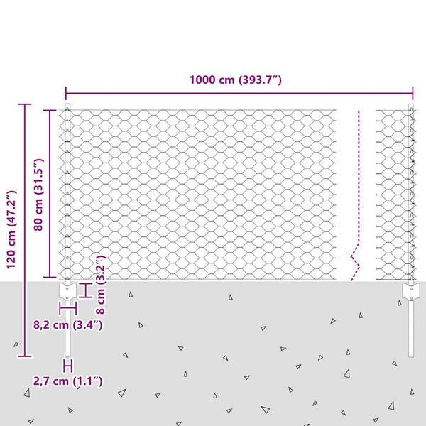 Kuusikulmainen aita pylväällä 10 x 0,8 m PVC-pinnoitettu teräs