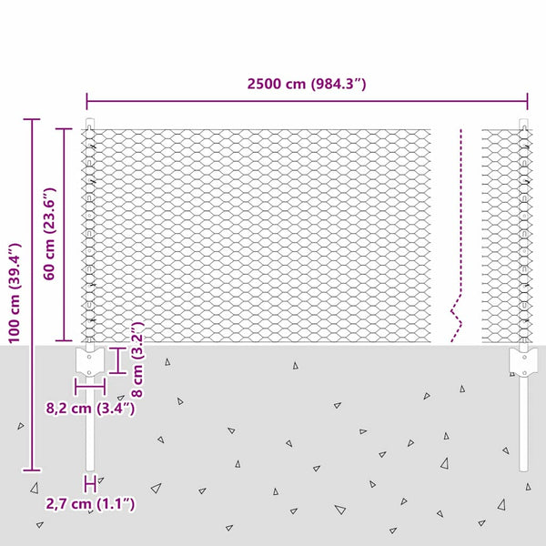 Kuusikulmainen aita pylväällä 25 x 0,6 m PVC-pinnoitettu teräs