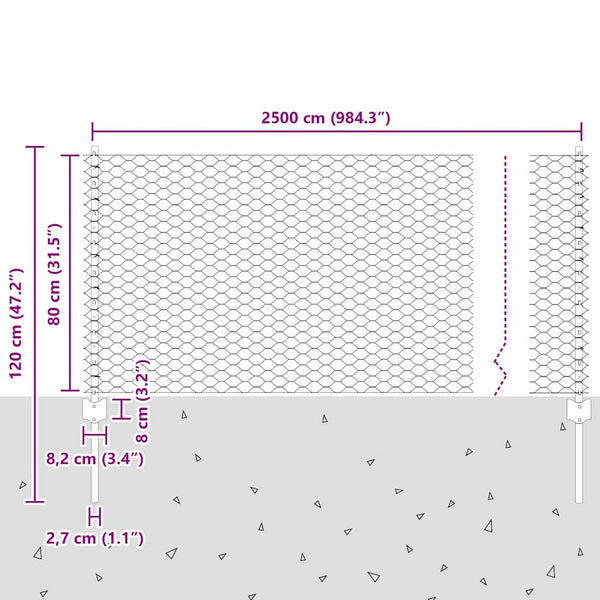 Kuusikulmainen aita pylväällä 25 x 0,8 m PVC-pinnoitettu teräs