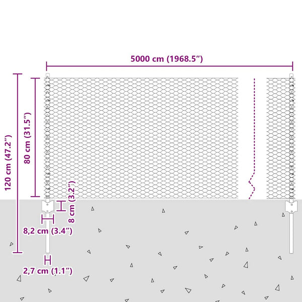Kuusikulmainen aita pylväällä 50 x 0,8 m PVC-pinnoitettu teräs