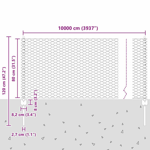Kuusikulmainen aita pylväällä 100 x 0,8 m PVC-pinnoitettu teräs