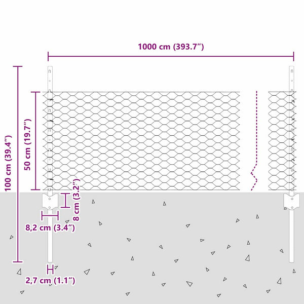 Kuusikulmainen aita pylväällä 10 x 0,5 m Galvanoitu teräs Hopea