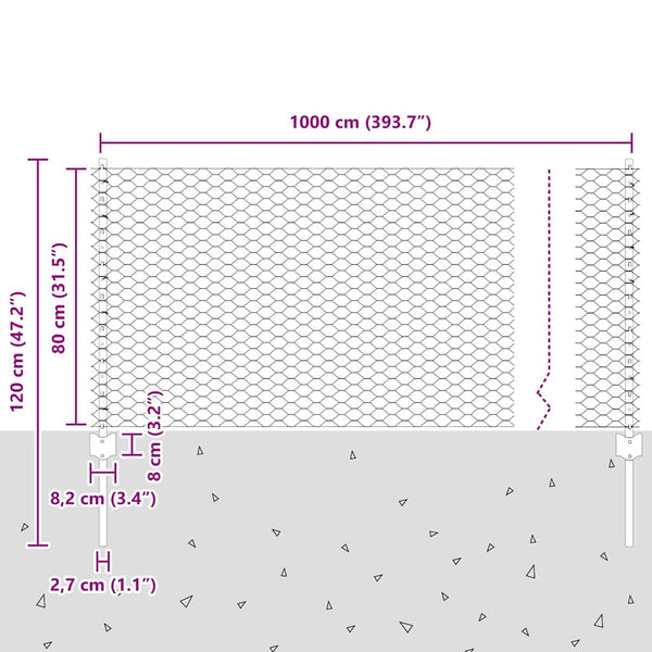 Kuusikulmainen aita pylväällä 10 x 0,8 m Galvanoitu teräs Hopea