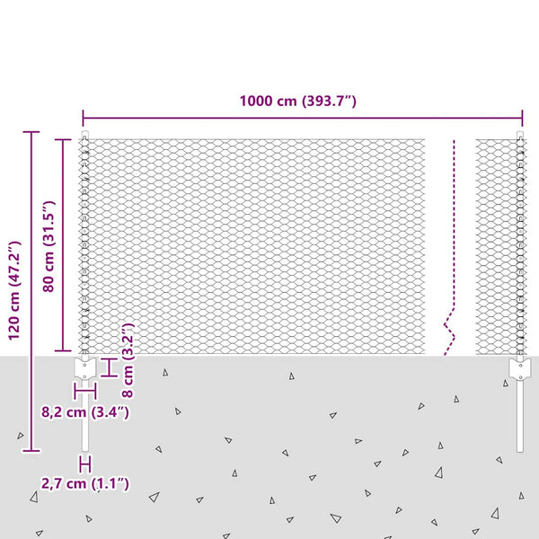 Kuusikulmainen aita pylväällä 10 x 0,8 m Galvanoitu teräs Hopea