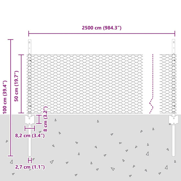 Kuusikulmainen aita pylväällä 25 x 0,5 m Galvanoitu teräs Hopea
