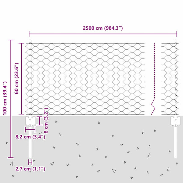 Kuusikulmainen aita pylväällä 25 x 0,6 m Galvanoitu teräs Hopea