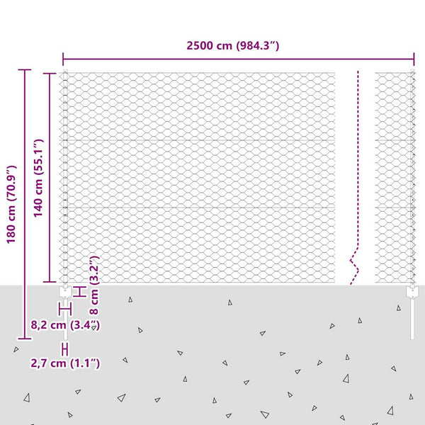 Kuusikulmainen aita pylväällä 25 x 1,4 m Galvanoitu teräs Hopea