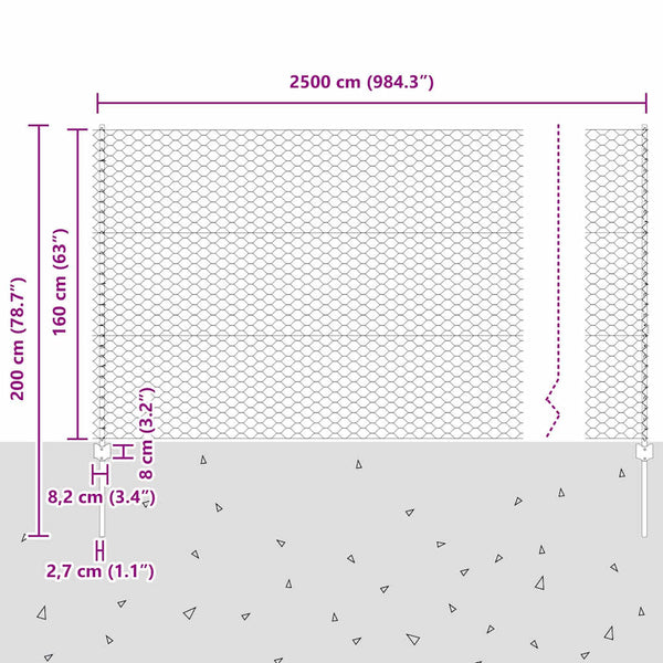 Kuusikulmainen aita pylväällä 25 x 1,6 m Galvanoitu teräs Hopea