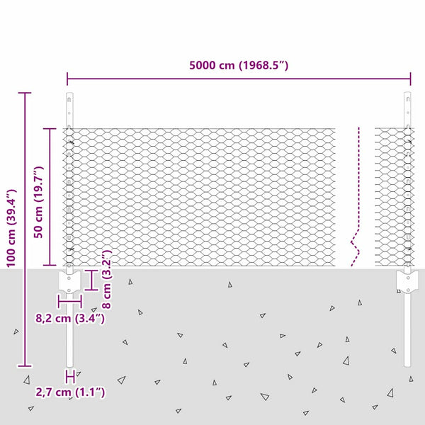 Kuusikulmainen aita pylväällä 50 x 0,5 m Galvanoitu teräs Hopea
