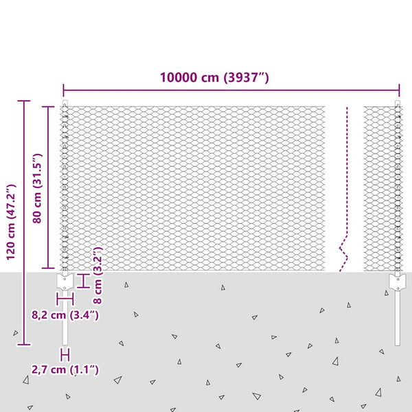 Kuusikulmainen aita pylväällä 100 x 0,8 m Galvanoitu teräs