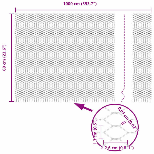 Kuusikulmainen aita 0,6 x 10 m Galvanoitu teräs Hopea