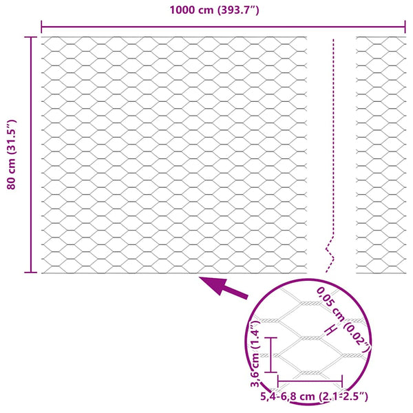 Kuusikulmainen aita 0,8 x 10 m Galvanoitu teräs Hopea