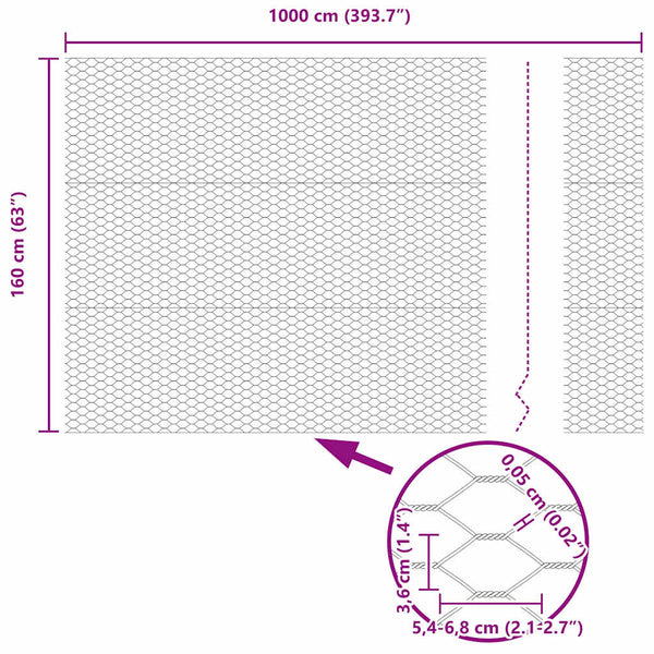 Kuusikulmainen aita 1,6 x 10 m Galvanoitu teräs Hopea
