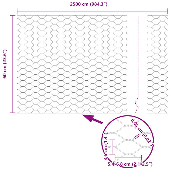 Kuusikulmainen aita 0,6 x 25 m Galvanoitu teräs Hopea