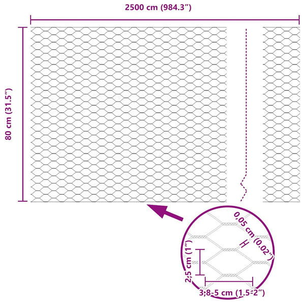 Kuusikulmainen aita 0,8 x 25 m Galvanoitu teräs Hopea