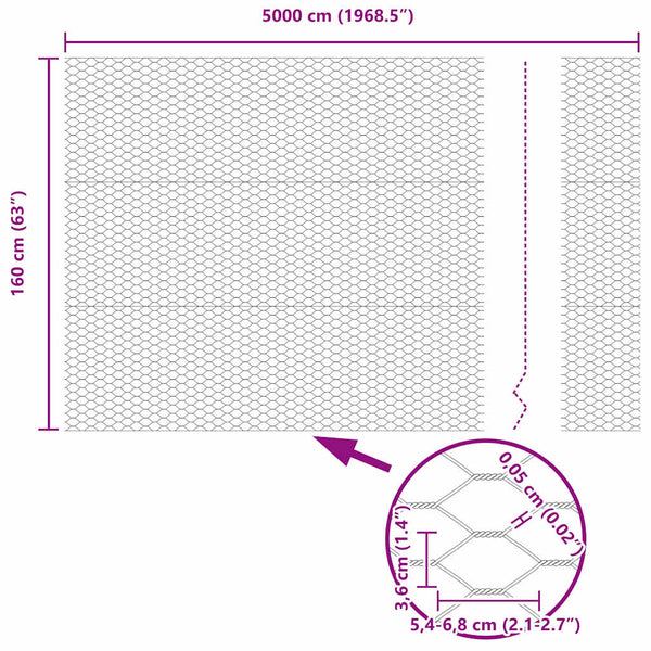 Kuusikulmainen aita 1,6 x 50 m Galvanoitu teräs Hopea