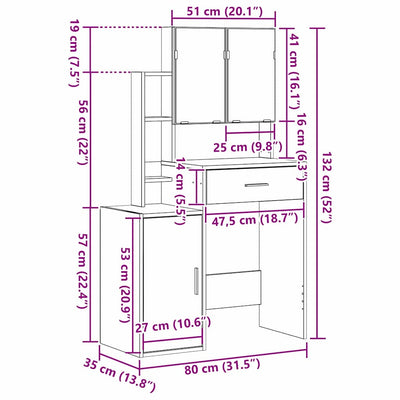 Musta tammi meikkipöytä ovella Angeliu 80x35x132cm (puinen)