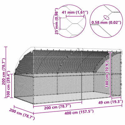 Kanahäkki Hopea 400 x 200 x 198.5 cm Galvanoitu teräs